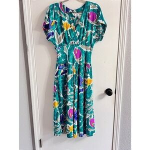 Vintage Dress Size 12 Teal Colorful Abstract Floral Midi Retro Art Dopamine 80s